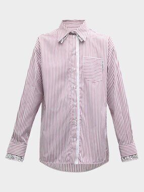 DES PHEMMES Women's Oversized Striped Button-Front Top Size 38 in White/Bordeau